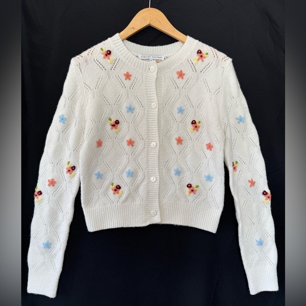 English Factory Floral Handmade Embroidery floral knit Cardigan pointelle - Picture 4 of 10